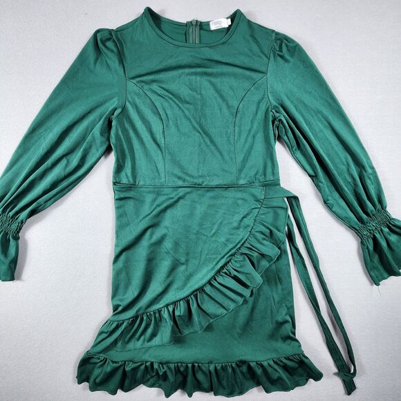 Ruffle Trim Bell Sleeve Midi Dress Tie Back Womens Size Medium Green - Picture 2 of 9
